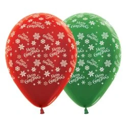 Amscan_OO Merry Christmas Snowflakes Metallic Red And Green 30cm Latex Balloons, 25PK