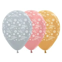 Amscan_OO Merry Christmas Snowflakes Metallic Silver, Rose Gold And Gold 30cm Latex Balloons, 25PK
